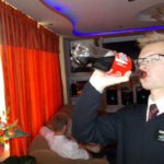 Bryant enjoying a heavenly drink while sequestered for 9 days due to rioting in the streets. 